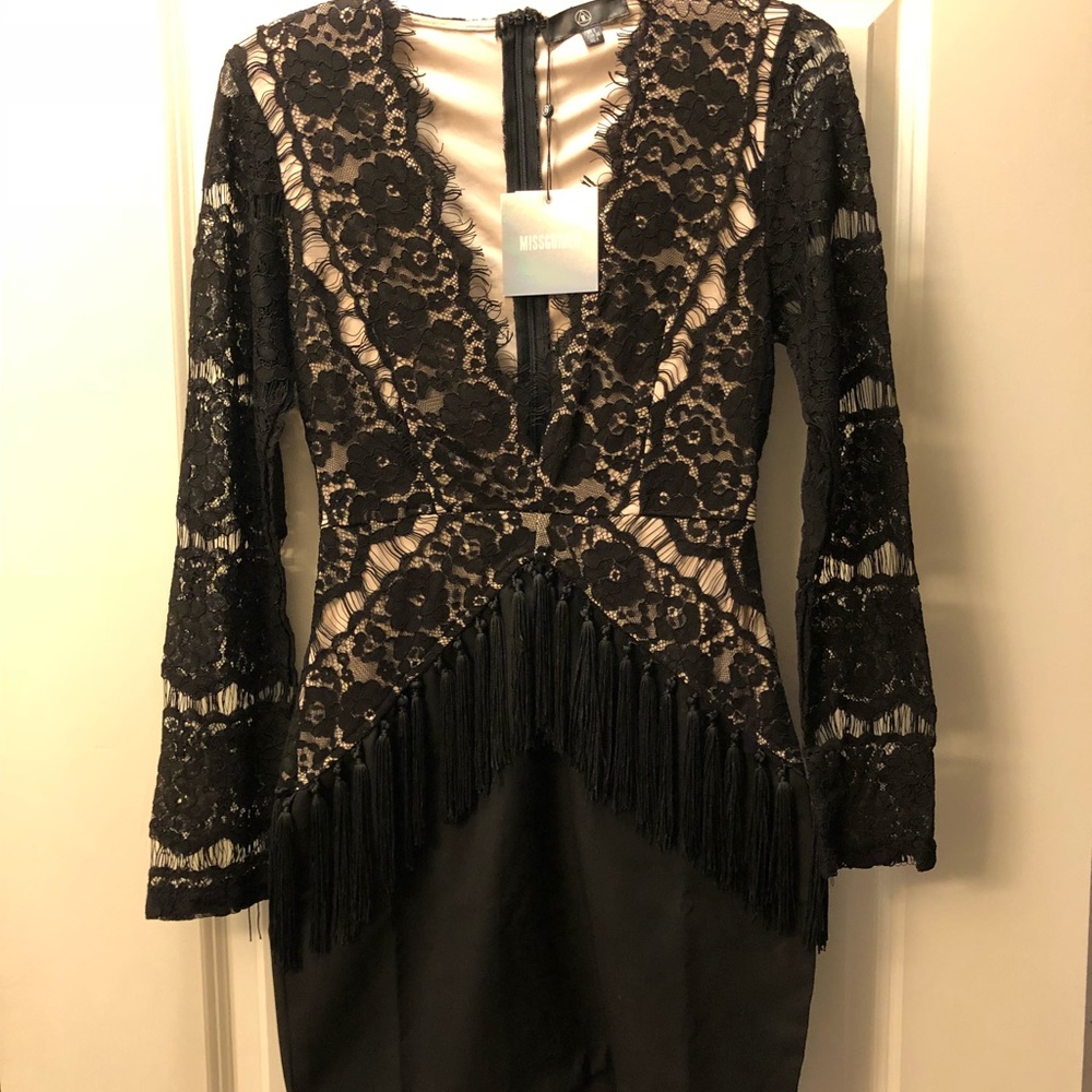 Missguided v-cut black lace dress with tassels